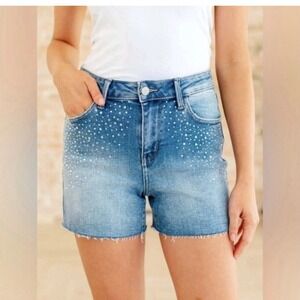 Judy Blue High Waist Rhinestone Denim Shorts Medium Wash Raw Hem Size 1X MWT